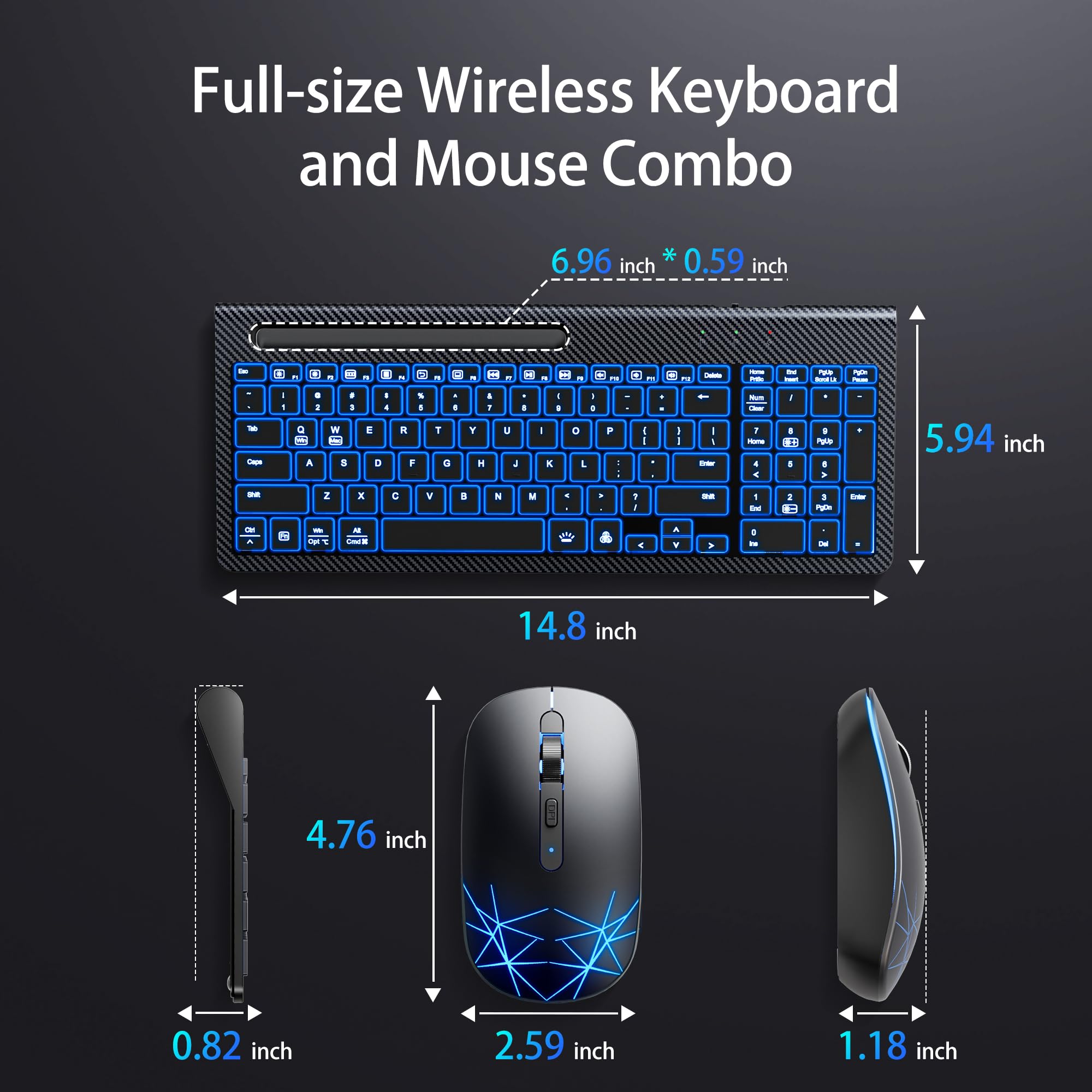 Wireless Keyboard and Mouse, Rechargeable, Adjustable 7 Color Backlight, Ergonomic, Quiet, with Phone Holder, 2.4G Stable Connection Slim Mac Keyboard and Mouse for PC, Laptop, MacBook, Windows
