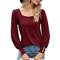 Micoson Womens Square Neck Puff Long Sleeve Tops Button Cuffs Loose Pullover Blouse Casual Tunic Basic T Shirts