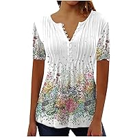 Women Gym Tops, Color Block Tunic Tops for Women Floral Print Crewneck Casual Blouse Buttons Pleated Short Sleeve Loose