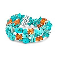 Statement Wide Chunky Gemstone Stabilized Blue Turquoise Golden Orange Amber Resin Chips Multi Strand Bracelet Western Jewelry For Women Teens .925 Sterling Silver Tube Clasp