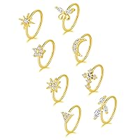Tornito 8Pcs Nose Ring Hoop Paved Flower Butterfly Star Cross Triangle Moon CZ Cartilage Earrings Nose Piercing Jewelry for Women Men Silver Rose Gold Tone 20G