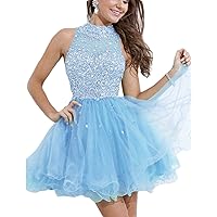 Women's High Neck Tulle Homecoming Dresses Short Beaded Prom Party Gowns
