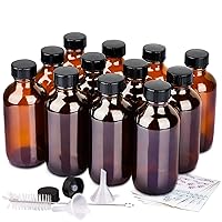 12 Pack 4 oz Amber Glass Bottles, 120ml Boston Round Sample Bottles with Black Poly Cone Caps, Labels, Funnels and Brush