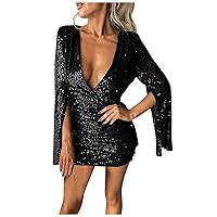 Womens Deep V Neck Ruched Sequin Dress Split Long Sleeve Sexy Backless Bodycon Dresses Party Cocktail Mini Dress