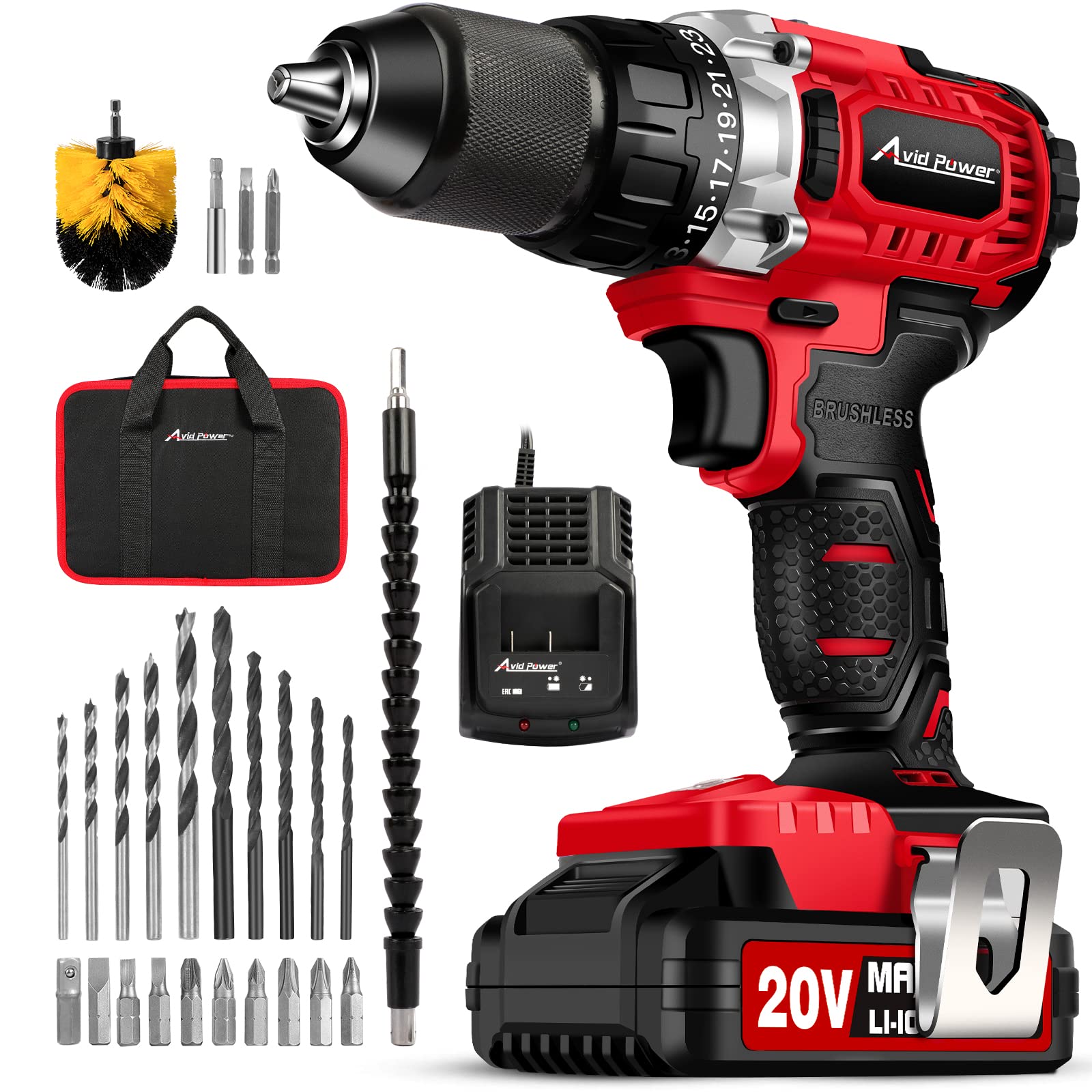 AVID POWER Brushless Drill Set, 20V Cordless Drill Driver Kit with 2.0Ah Battery and Fast Charger, 1/2-Inch Metal Chuck, 400 In-lbs Torque, 2-Variable Speed, 28pcs Accessories and Tool Bag