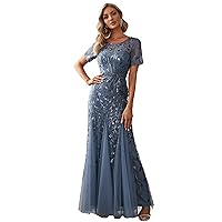 Ever-Pretty Women's Elegant Illusion Short Sleeve Crew Neck Sequin Embroidery Mermaid Evening Dresses 07707