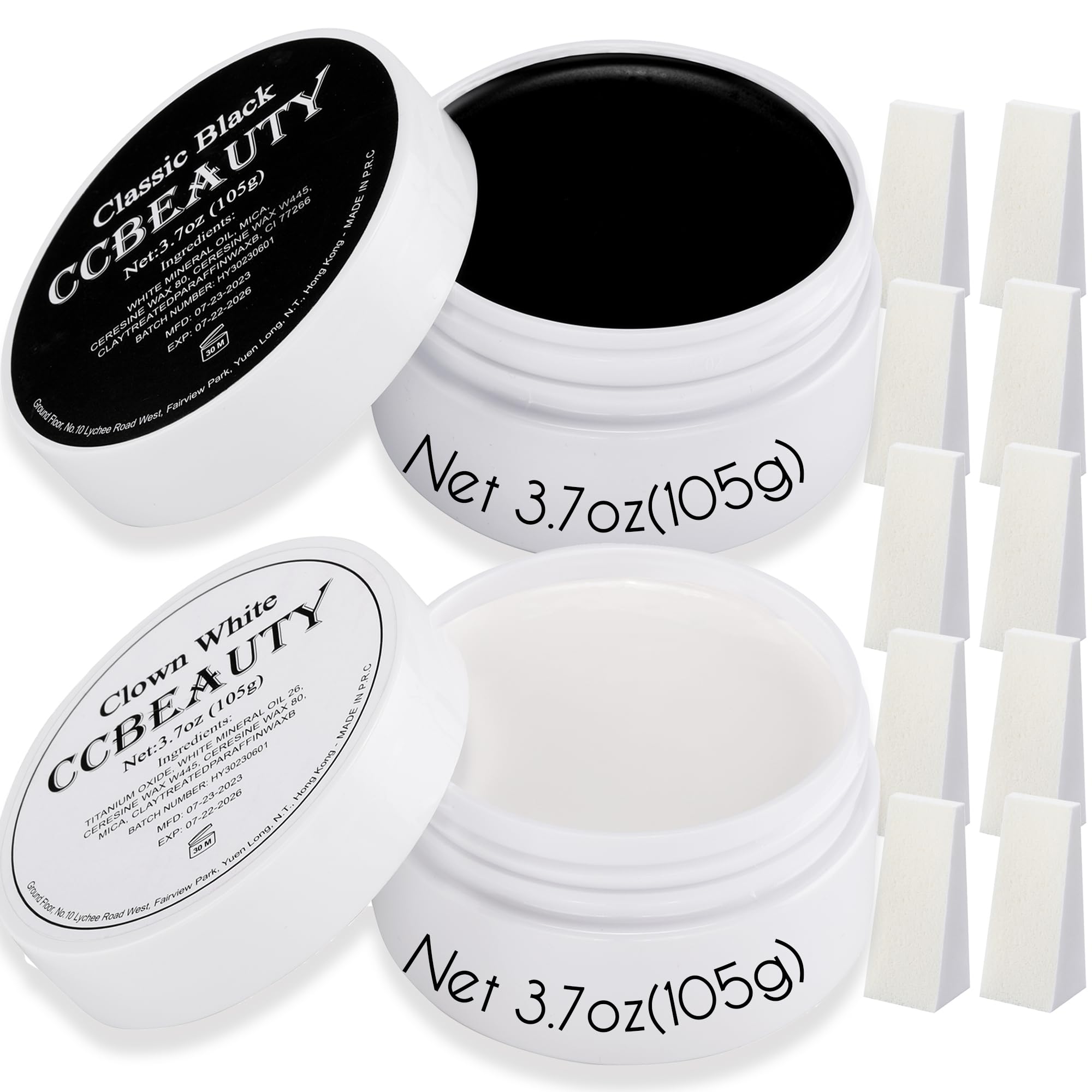 CCbeauty 7.4oz Halloween Clown Makeup, Large Black White Face Body Paint Set with 10 Sponges Non Toxic Dress Up Face Painting Kit for Adult Mime Skeleton Skull Costume Cosplay Makeup