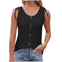 Womens Tank Tops Cute Summer Going Out Clothes Trendy Eyelet Shirts Summer Tie Shoulder Sleeveless Button Decor Blouse