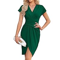 JASAMBAC Women's Wear to Work Dresses 2024 Professional Trendy Bodycon Wrap Dress Office Business Casual Short Sleeve Dresses