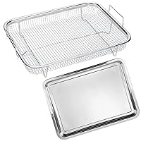 2 Piece Air Fryer Basket for Oven,Stainless Steel Crisping Basket & Tray Set, Tray and Grease Tray Set Bacon Rack, Oven crisper for French fry/frozen food (Silver)