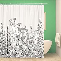 72x72 Inches Shower Curtain Set with Hooks Floral Border Herbs and Wild Flowers Botanical Engraving Style Black Whiteborder Home Decor Waterproof Polyester Fabric Bathroom Curtains