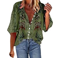 V Neck Puff 3/4 Sleeve Blouses for Women Casual Boho Floral Button Down Tops Summer Quarter Sleeves Trendy Shirts 2024