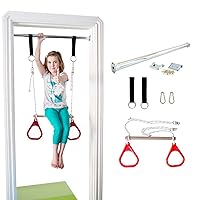 DreamGYM Doorway Swing for Kids Indoor - Trapeze Bar and Red Gymnastic Rings Combo