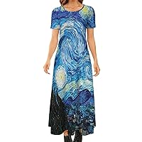 Woman's Starry Night Art Short Sleeve Round-Neck Long Dress (Size 2XS to 8XL)