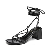 Athlefit Women's Chunky Strappy Sandals Lace Up Square Open Toe Ankle Wrap Heels