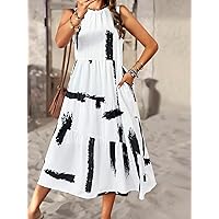 Women's Dress Dresses for Women Brush Print Ruffle Hem Slant Pocket Smock Dress (Color : Pink, Size : Large)
