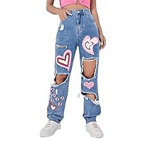 High Waist Heart Print Cut-Out Jeans