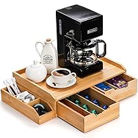 SOUJOY Bamboo Drawer Organizer for Coffee Pod, K Cup Organizer for Counter, Tea Bag Storage Organizer with Drawer and Side Storage Box for Kitchen Office Coffee Bar