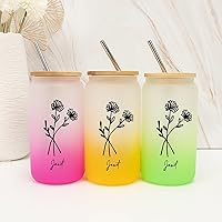 16 Oz Frosted Glass Tumbler Customized Birth Flower Glass Coffee Cup with Bamboo Lid And Straw - Reusable Smoothie Cups Drinking Cup Set Bamboo Covered - Women's Day Gifts for Co-work