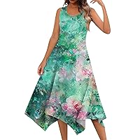 Women's Hawaiian Dresses Casual Fashion Round Neck Sleeveless Irregular Hem Floral Print Midi Dress, S-2XL