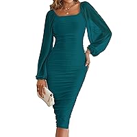 MEROKEETY Women's Long Puff Sleeve Ruched Bodycon Dress Square Neck Mesh Cocktail Party Midi Dresses