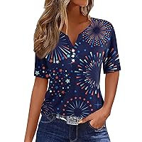 Funny 4Th of July Shirts Women Henley Patriotic Tees Trendy V Neck Button Tshirts Short Sleeve Loose Fit Blouses
