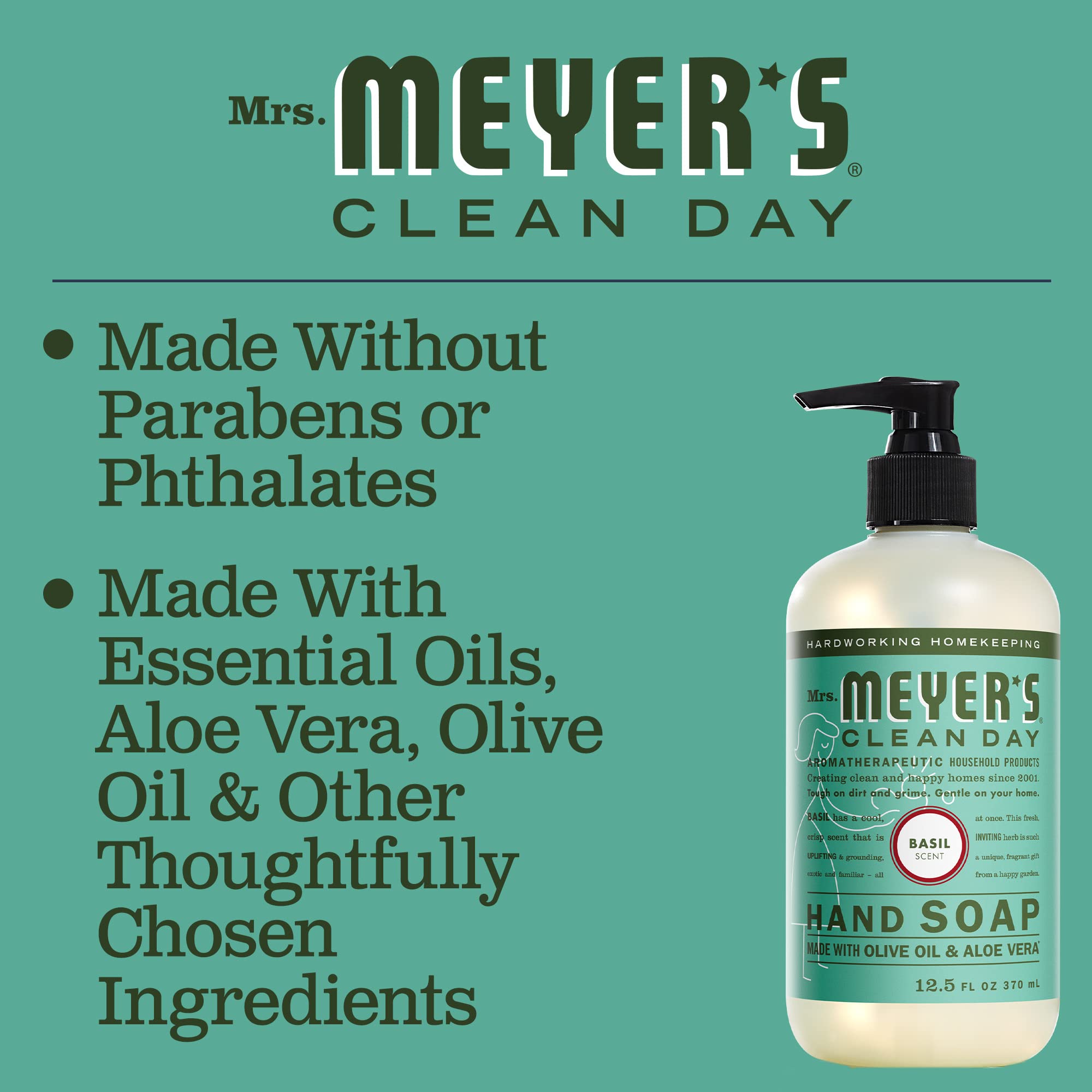 Mrs. Meyer's Hand Soap, Made with Essential Oils, Biodegradable Formula, Basil, 12.5 fl. oz - Pack of 3