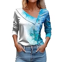 Women's Flannel Shirts Casual Fashion Printed Long Sleeve Lapel V Neck Button Pullover Top Blouses, S-3XL