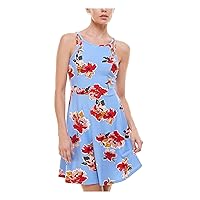 Womens Blue Stretch Floral Sleeveless Scoop Neck Above The Knee Party Fit + Flare Dress Juniors XXS