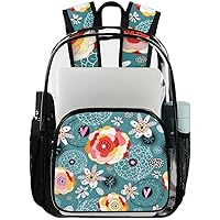 Spring Floral Flowers Blue（11） Clear Backpack Heavy Duty Transparent Bookbag for Women Men See Through PVC Backpack for Security, Work, Sports, Stadium