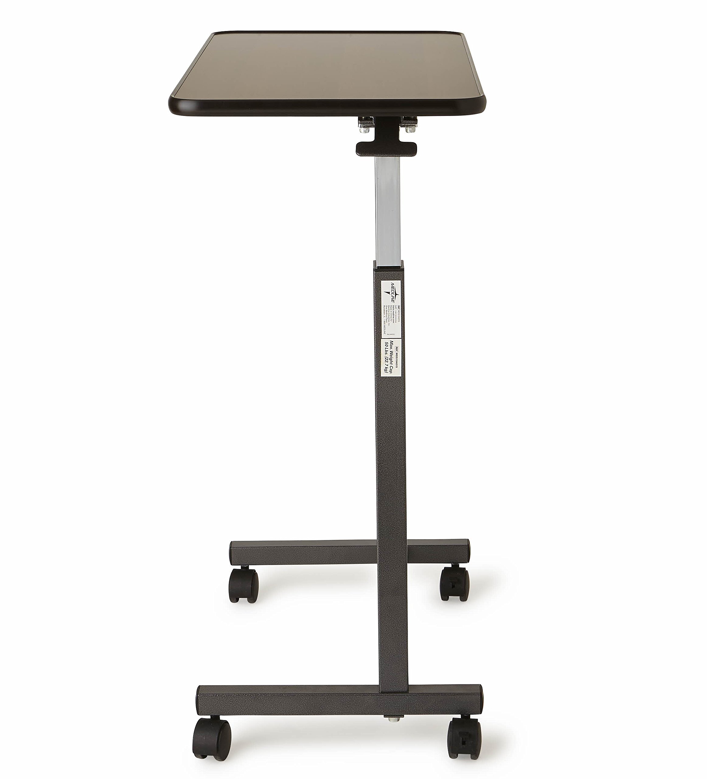 Medline Economy Overbed Table with Wheels - Versatile Use for Home, Nursing Home, Assisted Living or Hospital - Walnut Top, Silver Hammertone Base - Adjustable & Portable
