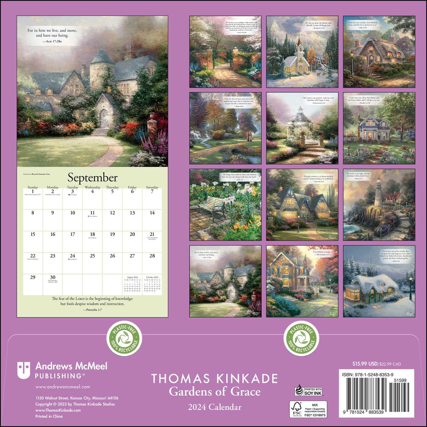 Thomas Kinkade Gardens of Grace with Scripture 2024 Wall Calendar