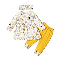 Skirt Set Juniors Toddler Girls Long Sleeve Flowers Prints Top Pants Headbands Outfits Long Sleeve Outfits (Yellow, 6-9 Months)