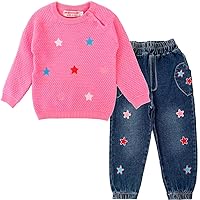 Peacolate Spring Autumn Little Girls 2pcs Clothing Sets Long Sleeve Pink Knit Sweater and Stars Embroidery Jeans(6Years)