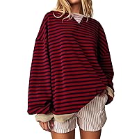 Womens Oversized Striped Color Block Long Sleeve Crew Neck Sweatshirt Casual Loose Pullover Y2K Shirt Top 2024