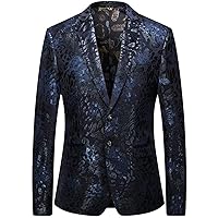 Mens Navy Blue Velvet Floral Print Suit Jacket Casual Slim Fit Blazer Formal Coat