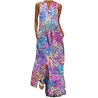 Summer V Neck Maxi Sundresses Women 2024 Boho Floral Tank Dress Sleeveless Fashion Flowy Beach Dress with Pockets