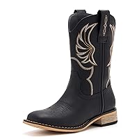 Kids Western Boots for Boys Girls Embroidered Cowgirl Cowboy Boots Square Toe Mid Calf Riding Shoes Little Kid/Big Kid