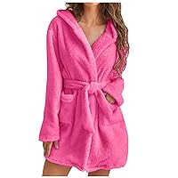 Fuzzy Robe for Women Belted Mini Bathrobe Hooded Fleece Plush Kimono Solid Bath Robe Winter Spa Robes with Pockets