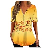 Dress Shirts for Women Henley Neck Summer Tunic Tops Color Block Vintage Short Sleeve Tops Button Up Casual Blouses