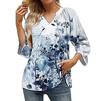 Floral Shirts for Women, Women's Casual 3/4 Sleeve T Shirt V Neck Pullover Top Tops Summer, S XXXL