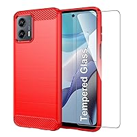 Case for Motorola Moto G 5G 2023 Case with Tempered Glass Screen Protector, Carbon Fiber Brushed Texture Soft Flexible TPU Slim Fit Shockproof Phone Cover for Women Men Girls Boys (Red)