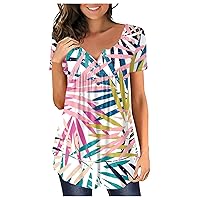 Plus Size Tops for Women,Tunic Trendy Sexy Short Sleeve Shirt V-Neck Button Loose Top Printed Casual Tees Blouse