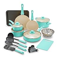 GreenLife Soft Grip Healthy Ceramic Nonstick 18 Piece Kitchen Cookware Pots and Frying Sauce Saute Pans Set, PFAS-Free with Kitchen Utensils and Lid, Dishwasher Safe, Turquoise
