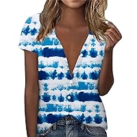 Womens Fashion Casual Short Sleeve Independence Day Print Buttons Lapel Shirt Top Blouse Loose Comfortable Shirt
