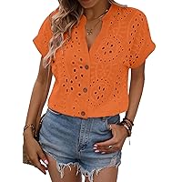 Verdusa Women's Casual Roll Up Short Sleeve Eyelet Embroidery Button Up Shirt Blouse Top