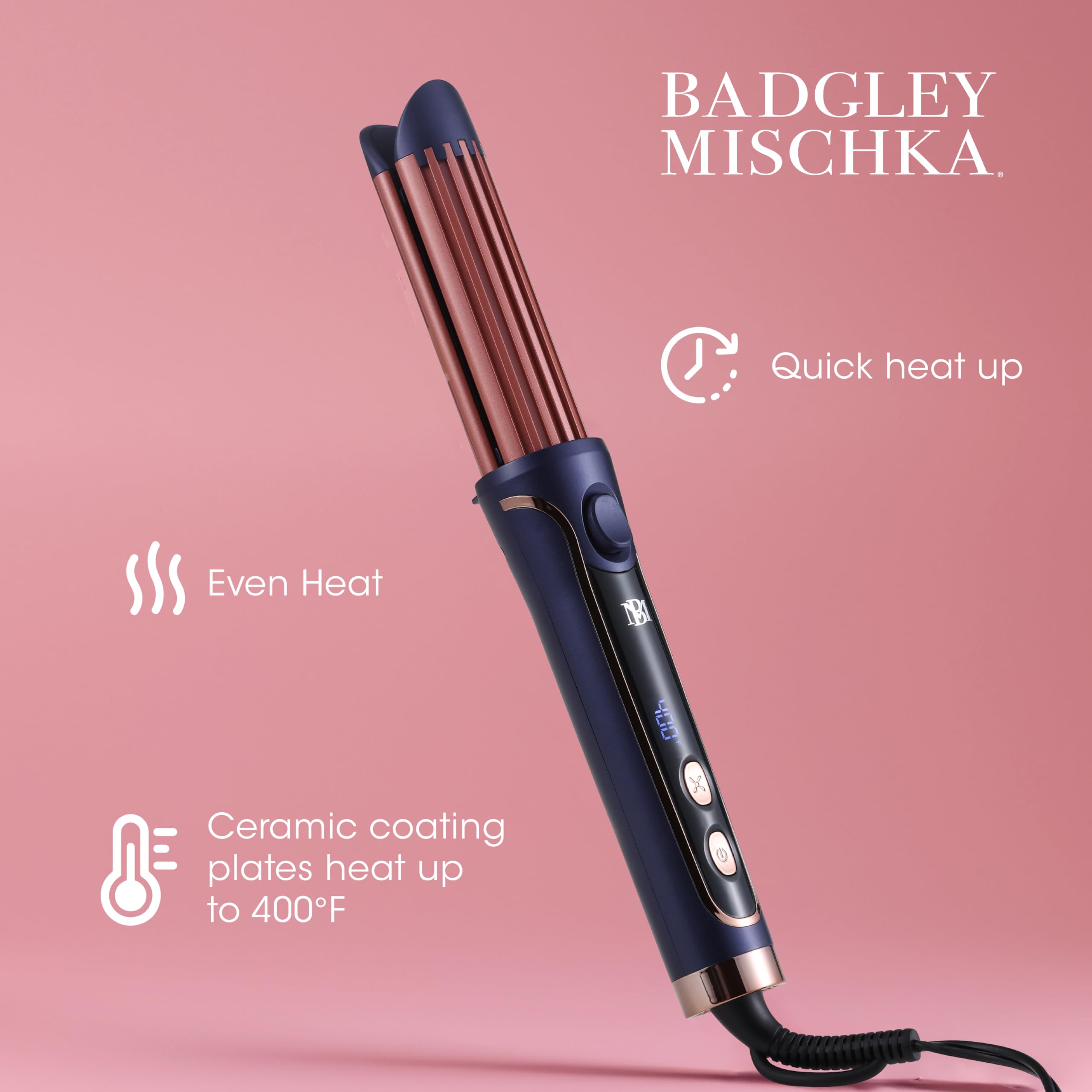 Badgley Mischka 2-in-1 Curling Iron and Hair Straightener Air Styler, Silky Smooth Straight & Bouncy Curls, Ceramic Plates up to 400°F, Digital Display with Heat & Cool Control, Auto Safety Shut Off