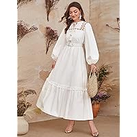 Women's Dresses pc Geo Tape Panel Lantern Sleeve Tassel Trim Belted Dress Dress for Women (Color : White, Size : Medium)