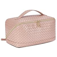 Telena Makeup Bag Large Capacity Travel Cosmetic Bag Portable PU Leather Water Resistant Makeup Organizer Bags for Women with Handle and Divider Open Flat Pink