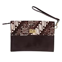 NOVICA Handmade Handcrafted Leather and Cotton Batik Wristlet with Parang Motifs in Brown Indonesia Wristlets Clutches Patterned 'Parang Mosaic'